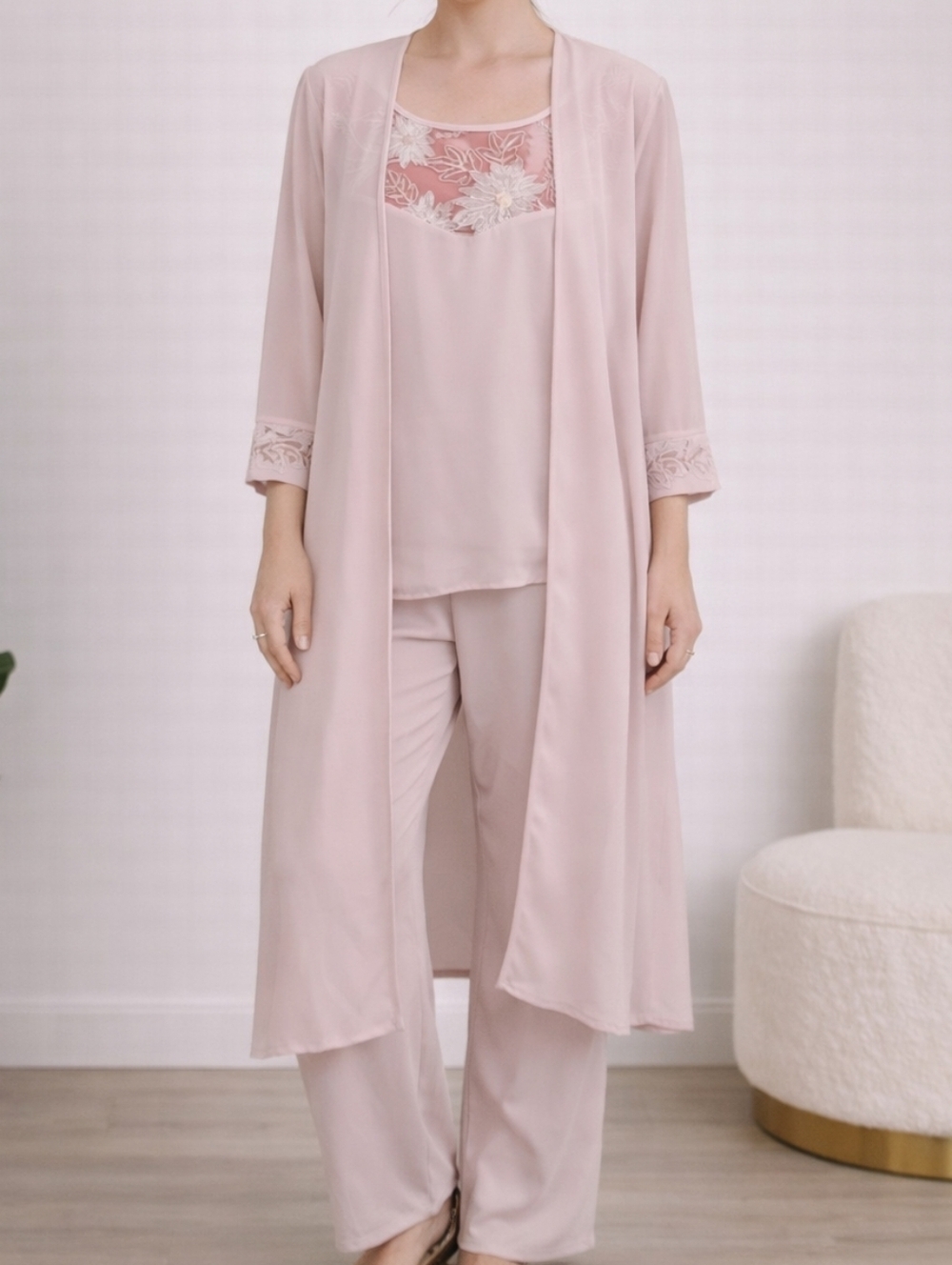 Le Bos 3 Piece Pant Set Women’s Size 10 Pink Chiffon Duster Tank Top Pants Flora